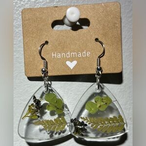 Handmade Teardrop Earrings with Green Ferns